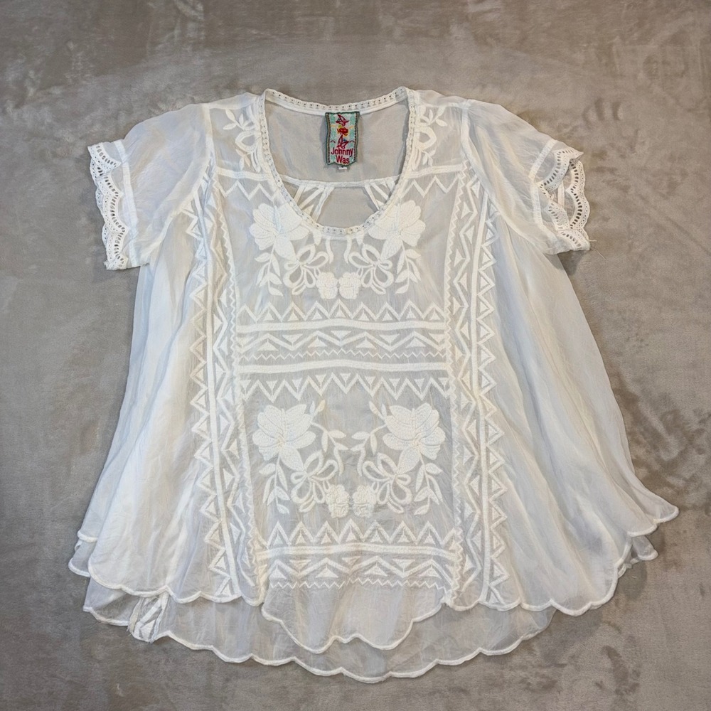 Johnny Was White Embroidered Boho Cupra Rayon Blouse Short Sleeve Small